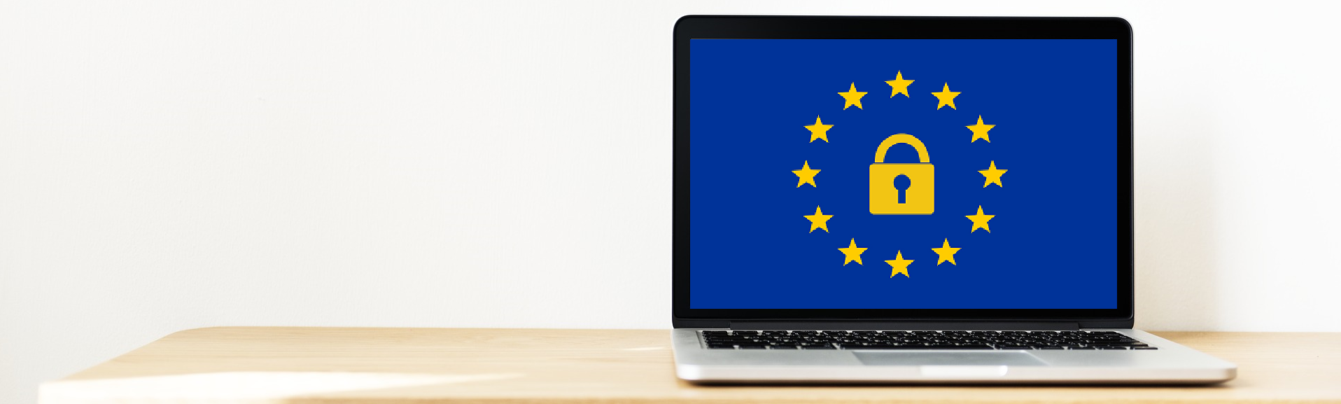 a laptop with a picture of the EU flag and lock on the screen