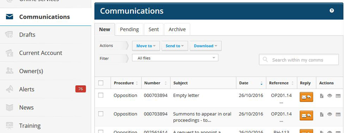 Screenshot of the communications section of the user area
