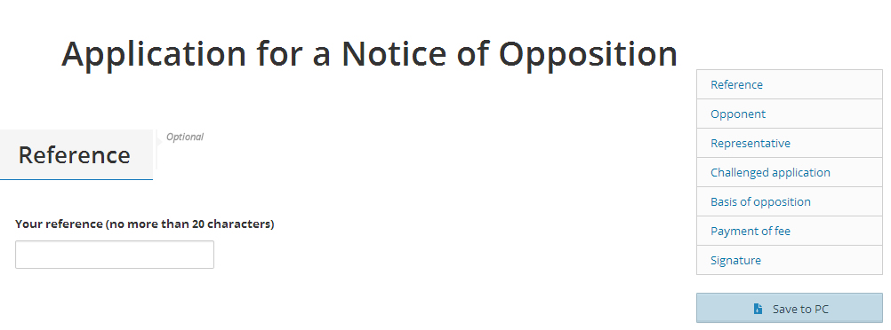 'Save' button in the application for a notice of opposition